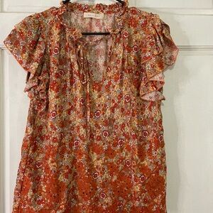 🩴🩴🩴🩴Solitaire Women's Floral Ruffle Blouse - Orange and Red 🐡🐡🐡🐡🐡